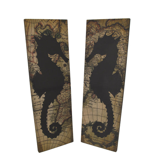 Set of 2 Seahorse Silhouette Old World Map Canvas Wall Hangings Image 1