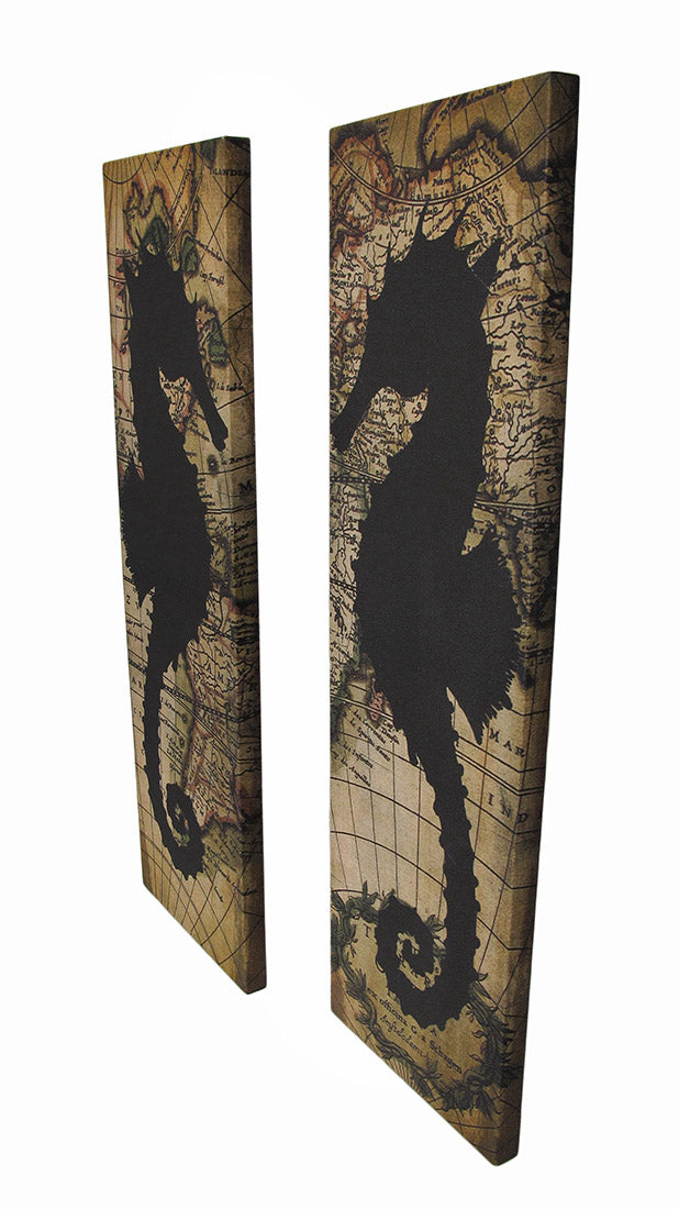 Set of 2 Seahorse Silhouette Old World Map Canvas Wall Hangings Image 2
