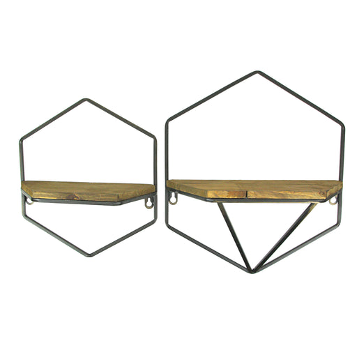 Set of 2 Rustic Wood and Metal Decorative Geometric Style Wall Hanging Floating Shelves for Stylish Display in Living Room,