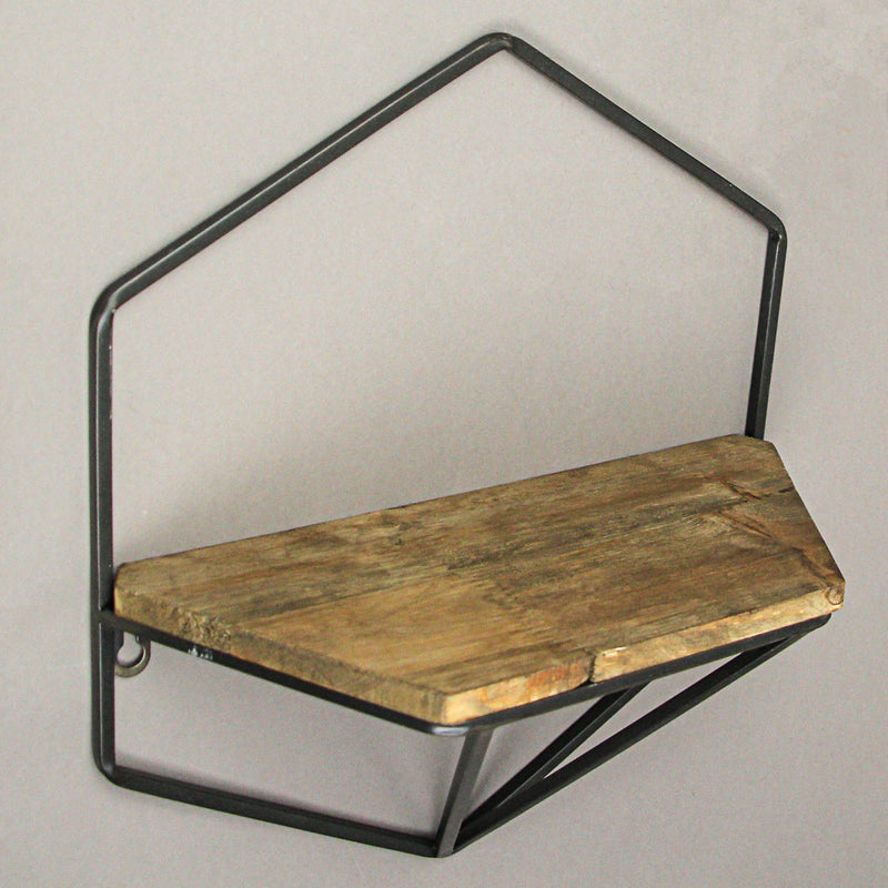 Set of 2 Rustic Wood and Metal Decorative Geometric Style Wall Hanging Floating Shelves for Stylish Display in Living Room,