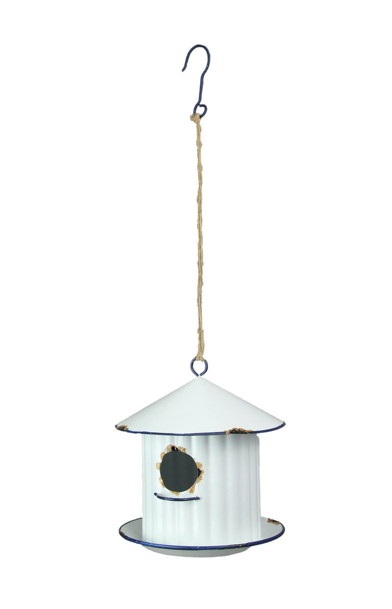 Weathered White Farm Silo Design Hanging Rustic Metal Birdhouse - Adorned with Charming Blue Trim - A Delightful 6.75-Inch