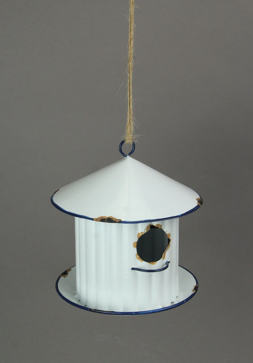 Weathered White Farm Silo Design Hanging Rustic Metal Birdhouse - Adorned with Charming Blue Trim - A Delightful 6.75-Inch