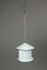 Weathered White Farm Silo Design Hanging Rustic Metal Birdhouse - Adorned with Charming Blue Trim - A Delightful 6.75-Inch