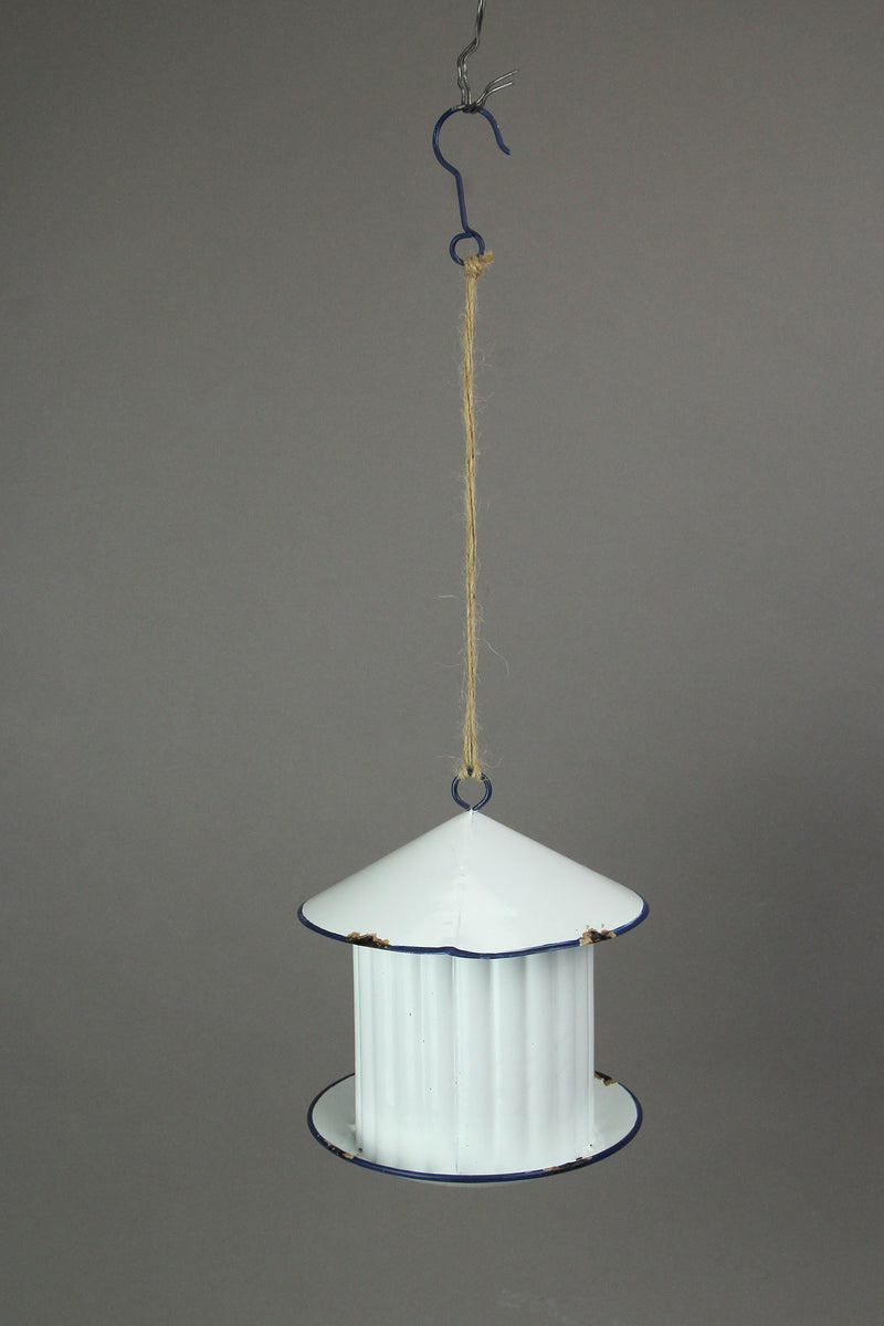 Weathered White Farm Silo Design Hanging Rustic Metal Birdhouse - Adorned with Charming Blue Trim - A Delightful 6.75-Inch