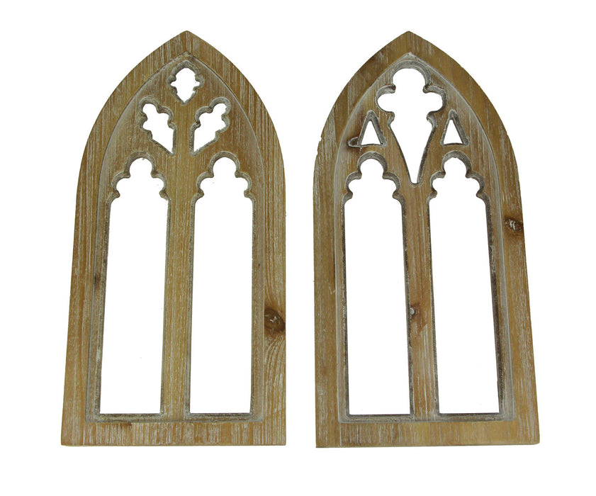 Set of 2 Whitewashed Wood Gothic Arch Window Frame Wall Hangings - Sculptural Elegance for Your Home Decor - 15.75 Inches