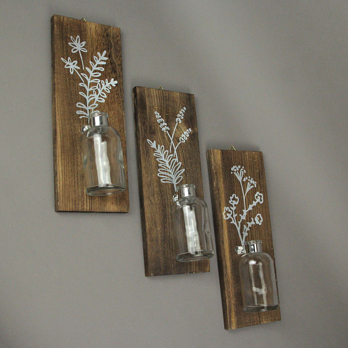 Set of 3 Wood Framed Glass Bottle Wall Vases Bohemian Style Boho Decor Image 5