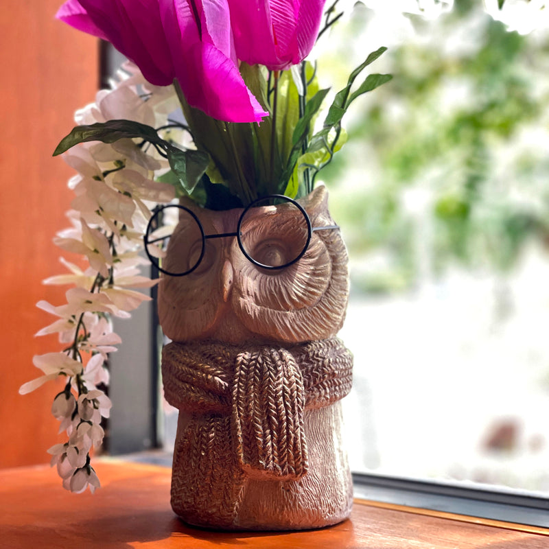 Owl Cement Vase, 8.25 Inch Bespectacled Woodland Planter Image 4