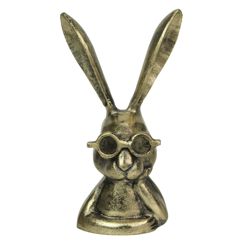 Whimsical Gold Bunny Statue with Eye Glasses Spectacles – 10.25" High Cast Aluminum Figurine with Metallic Gold Finish,