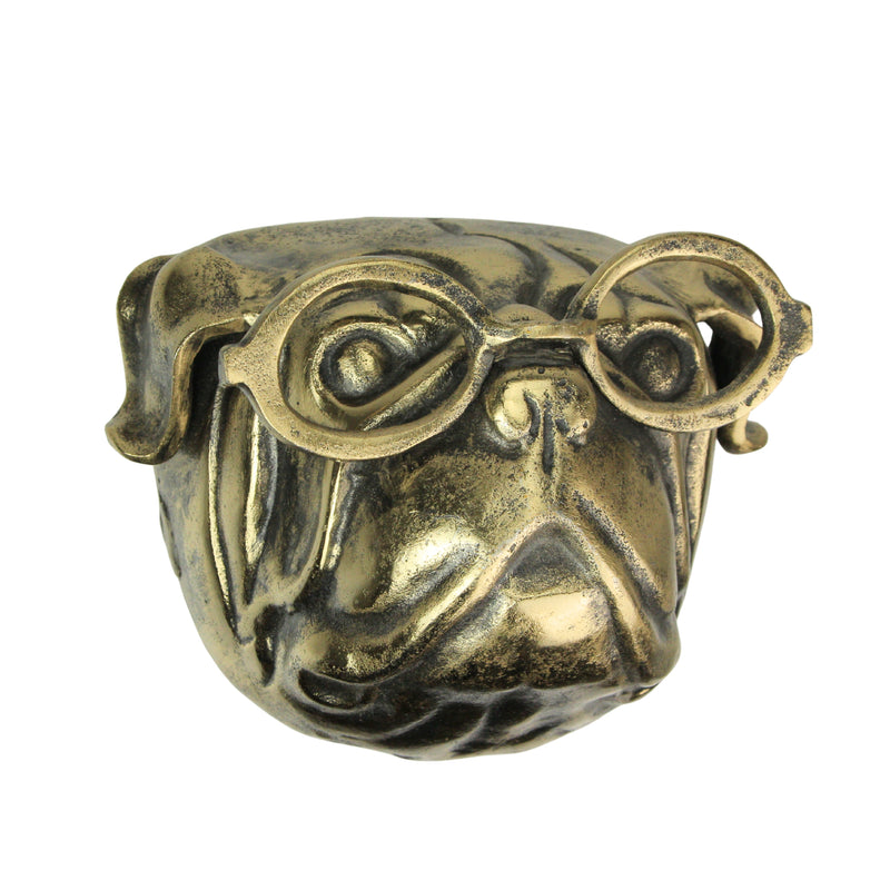 Gold Pug - Image 1 - Gold Pug Dog Head Wall Hanging with Oval Eye Glasses Spectacles – 6" High, Whimsical Cast Aluminum