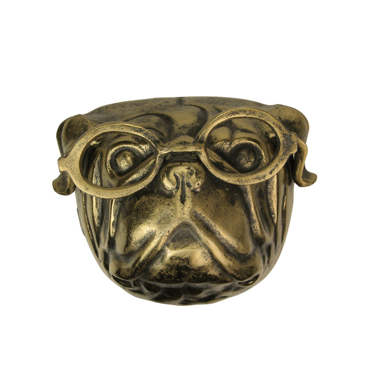 Gold Pug - Image 2 - Gold Pug Dog Head Wall Hanging with Oval Eye Glasses Spectacles – 6" High, Whimsical Cast Aluminum