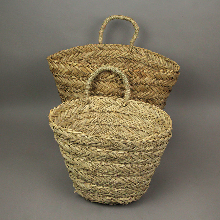 Set of 2 Boho Style Decorative Woven Seagrass Baskets: Rustic Planters with Handles for Indoor Greenery, Adding Bohemian