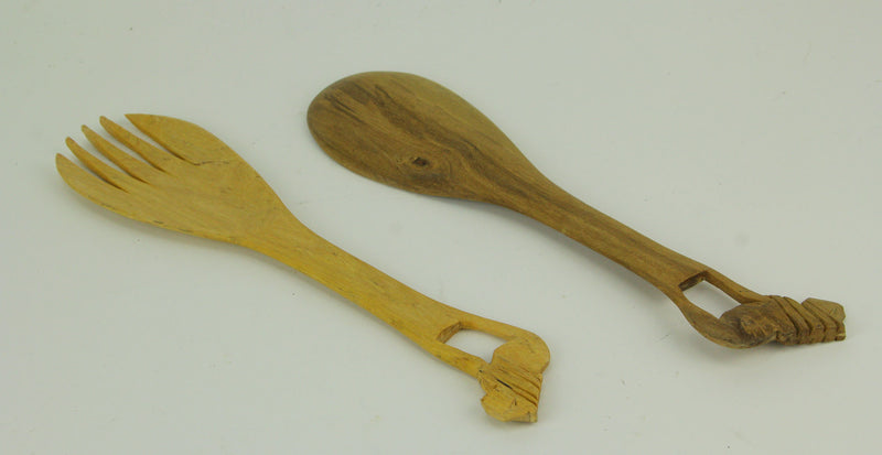 Lion - Image 2 - Hand Carved Wood Decorative Lion Handle Salad Server Set