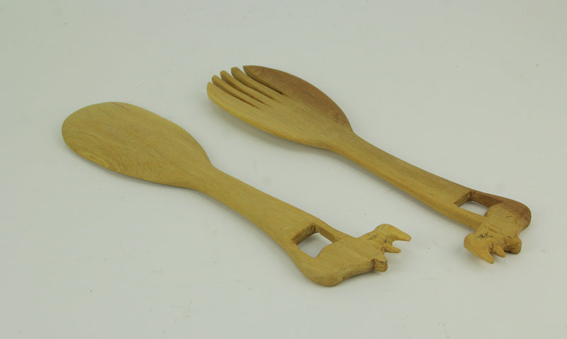 Rhinoceros - Image 2 - Hand Carved Wood Decorative Rhinoceros Handle Salad Server Set