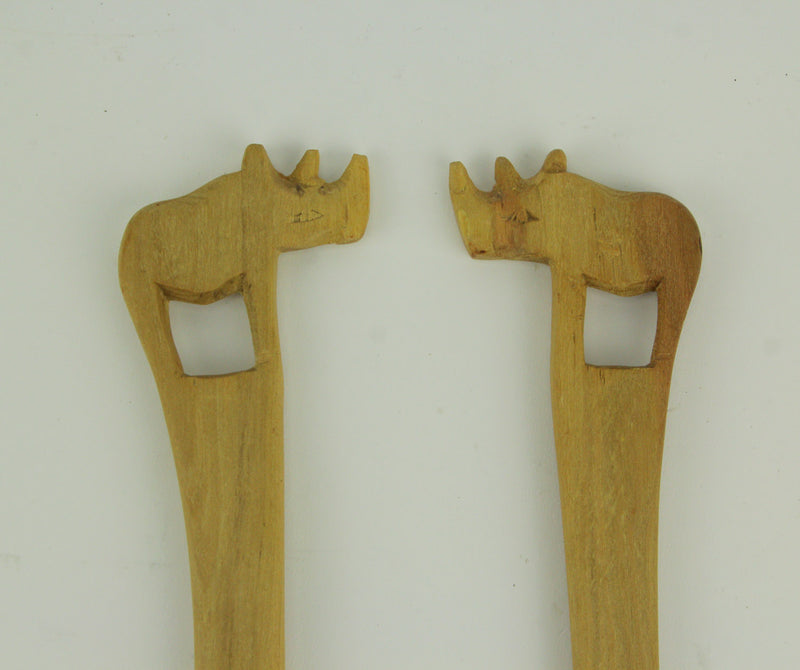Rhinoceros - Image 3 - Hand Carved Wood Decorative Rhinoceros Handle Salad Server Set