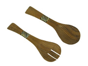 Hand Carved Wood and Bone Flat Handle Salad Server Set Image 1