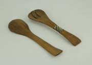 Hand Carved Wood and Bone Flat Handle Salad Server Set Image 3