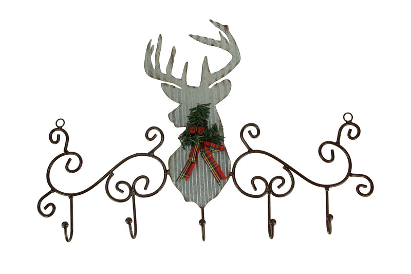 Metal Art Scroll Rustic Deer with Pine and Bow Wall Hook Rack Image 1