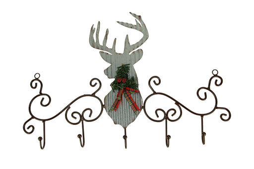 Metal Art Scroll Rustic Deer with Pine and Bow Wall Hook Rack Image 1