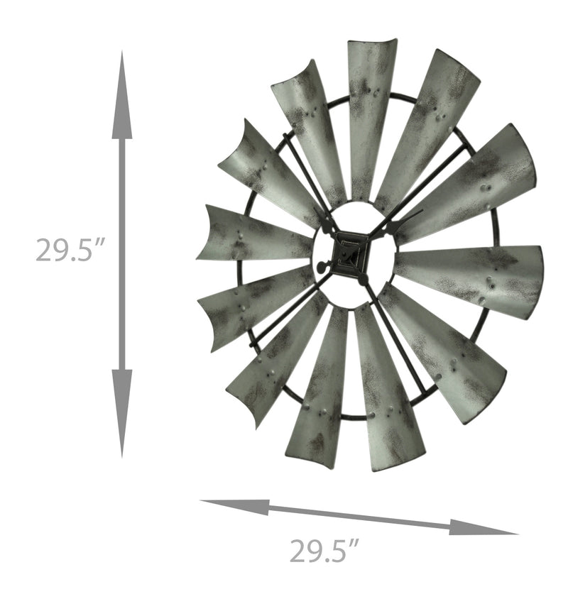 Large 30-Inch Distressed Grey Metal Farmhouse Windmill Battery Powered Wall Clock - Timeless Rustic Charm - Easy To Hang -