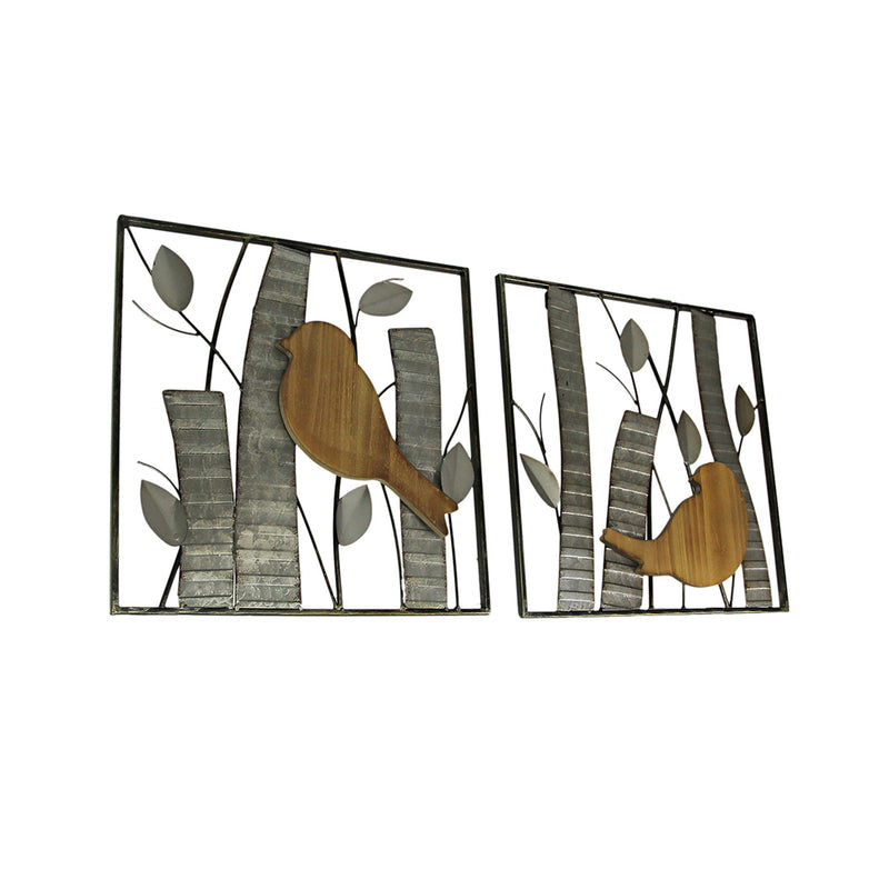 Silver - Image 2 - Set of 2 Rustic Birds and Branches Wood and Metal Hanging Wall Sculptures - Nature-Inspired Home Décor