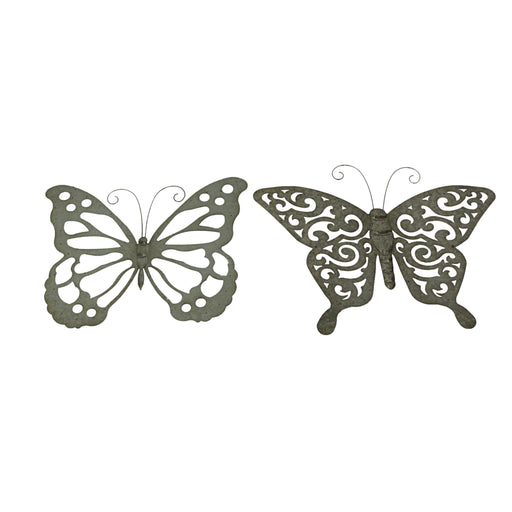 Enchanting Set of 2 Galvanized Grey Metal Cutout Butterfly Wall Sculptures 23.5 Inches Long - Outdoor or Indoor Decorations
