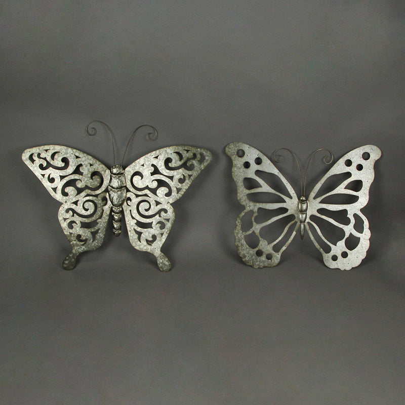 Enchanting Set of 2 Galvanized Grey Metal Cutout Butterfly Wall Sculptures 23.5 Inches Long - Outdoor or Indoor Decorations