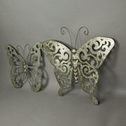 Enchanting Set of 2 Galvanized Grey Metal Cutout Butterfly Wall Sculptures 23.5 Inches Long - Outdoor or Indoor Decorations