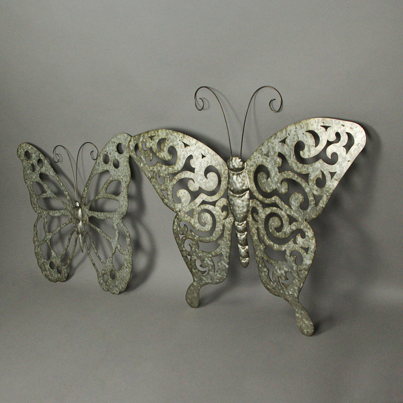 Enchanting Set of 2 Galvanized Grey Metal Cutout Butterfly Wall Sculptures 23.5 Inches Long - Outdoor or Indoor Decorations