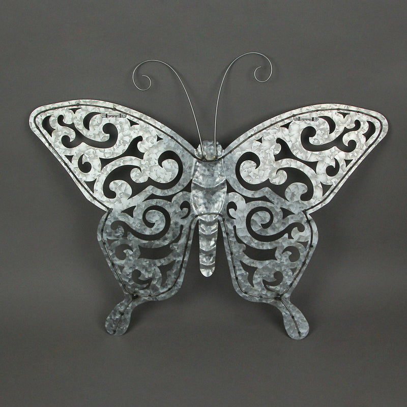 Enchanting Set of 2 Galvanized Grey Metal Cutout Butterfly Wall Sculptures 23.5 Inches Long - Outdoor or Indoor Decorations