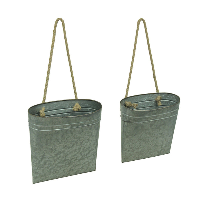 Set of 2 Galvanized Grey Metal Hanging Baskets - Rustic Country Indoor and Outdoor Planters for Western Farmhouse Decor -