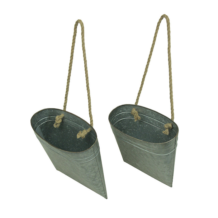 Set of 2 Galvanized Grey Metal Hanging Baskets - Rustic Country Indoor and Outdoor Planters for Western Farmhouse Decor -