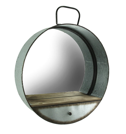 Rustic Galvanized Metal Tub Frame Wall Mirror with Drawer - Industrial Western Decor - Farmhouse Style - Round 20.5 Inch