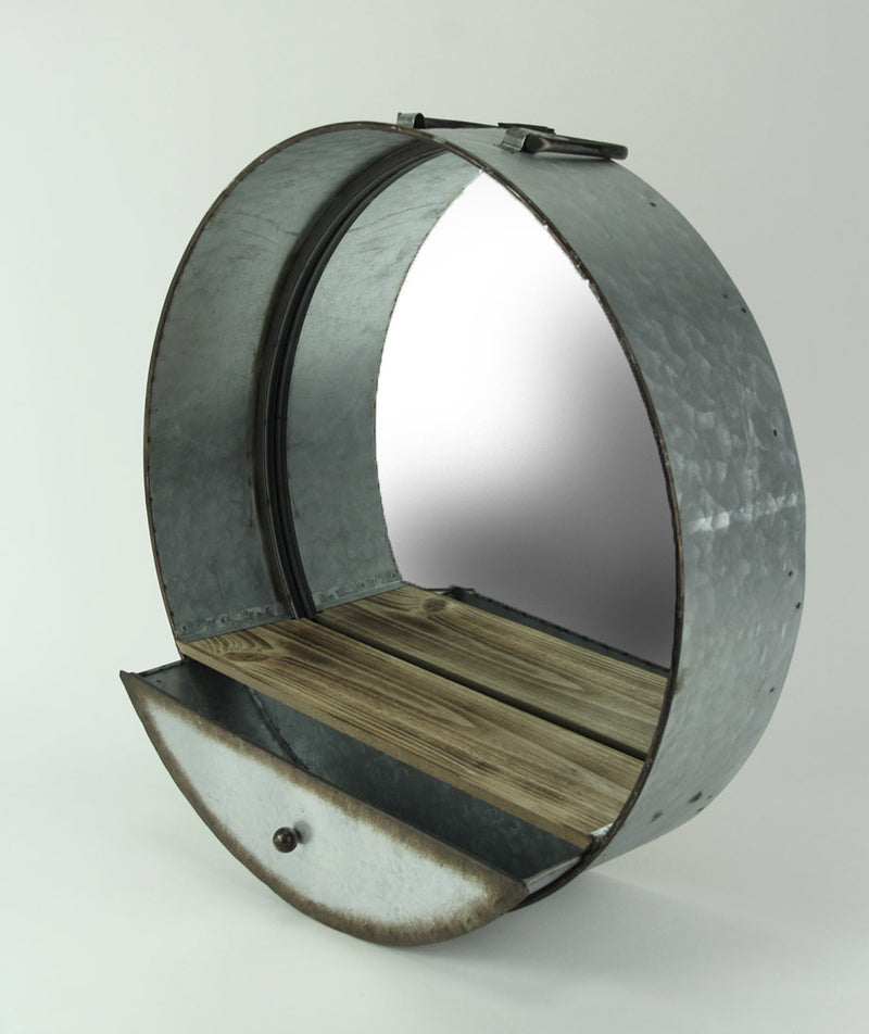Rustic Galvanized Metal Tub Frame Wall Mirror with Drawer - Industrial Western Decor - Farmhouse Style - Round 20.5 Inch