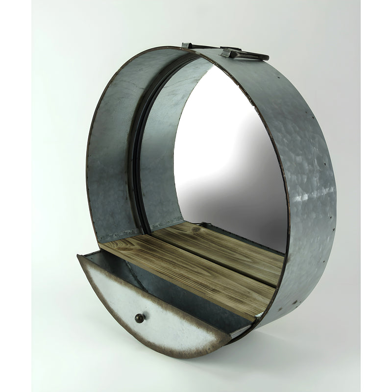 Round Wall Mirror, 20.5 Inch Galvanized Metal Tub Frame with Drawer Image 2