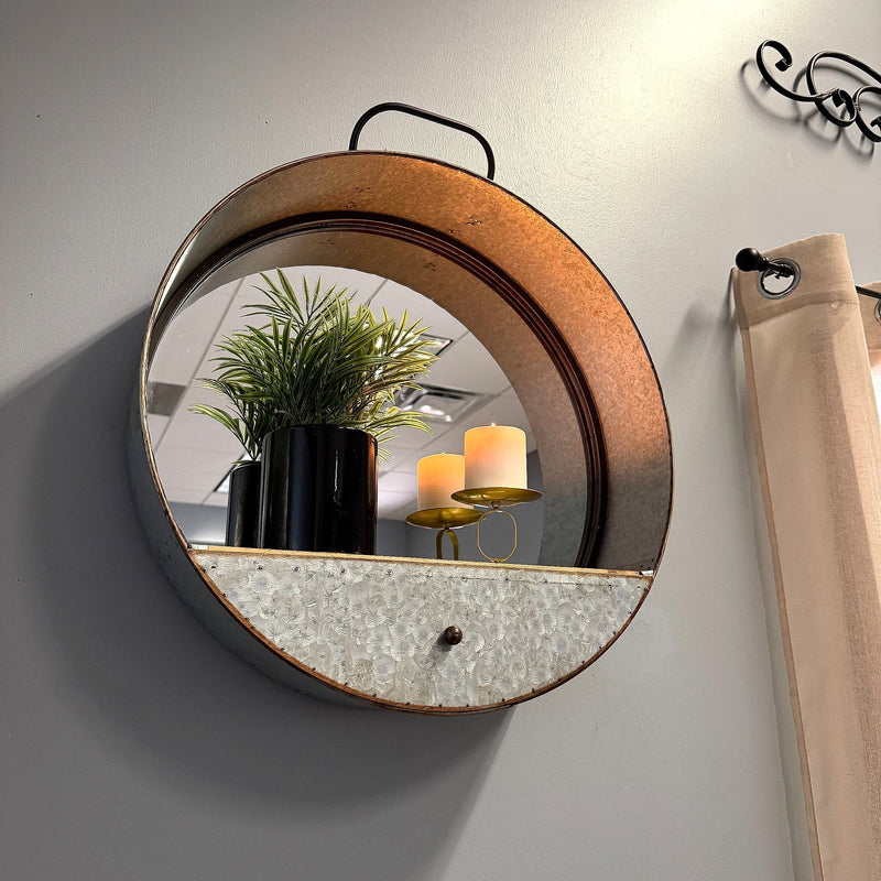 Round Wall Mirror, 20.5 Inch Galvanized Metal Tub Frame with Drawer Image 5