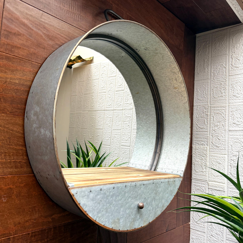 Round Wall Mirror, 20.5 Inch Galvanized Metal Tub Frame with Drawer Image 7