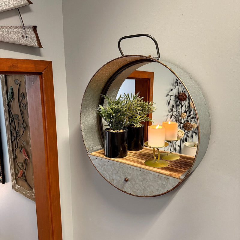 Round Wall Mirror, 20.5 Inch Galvanized Metal Tub Frame with Drawer Image 4