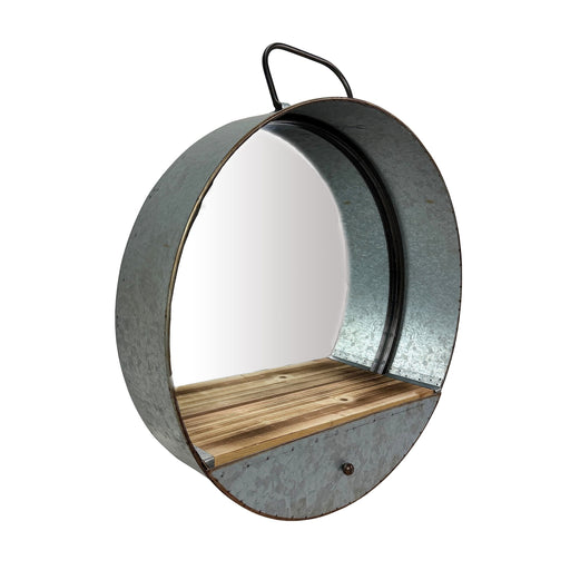 Round Wall Mirror, 20.5 Inch Galvanized Metal Tub Frame with Drawer Image 1