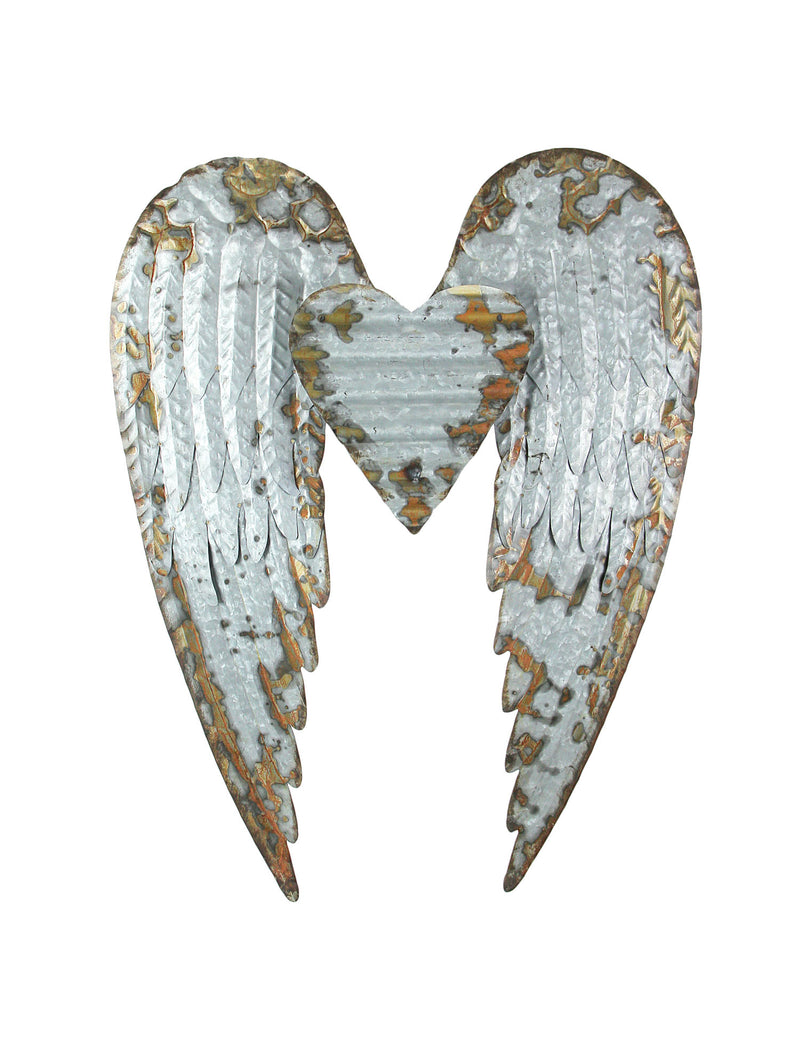 Rustic Galvanized Grey Stamped Metal Angel Wings and Heart Wall Sculpture - Artistic Hanging Decor for Bathrooms, Bedrooms