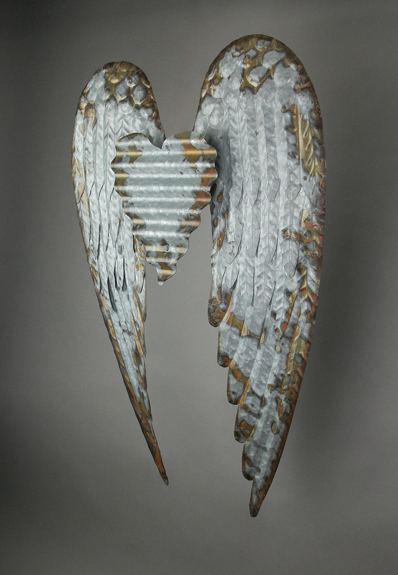 Galvanized Gray Metal Winged Heart Wall Décor Sculpture Image 3