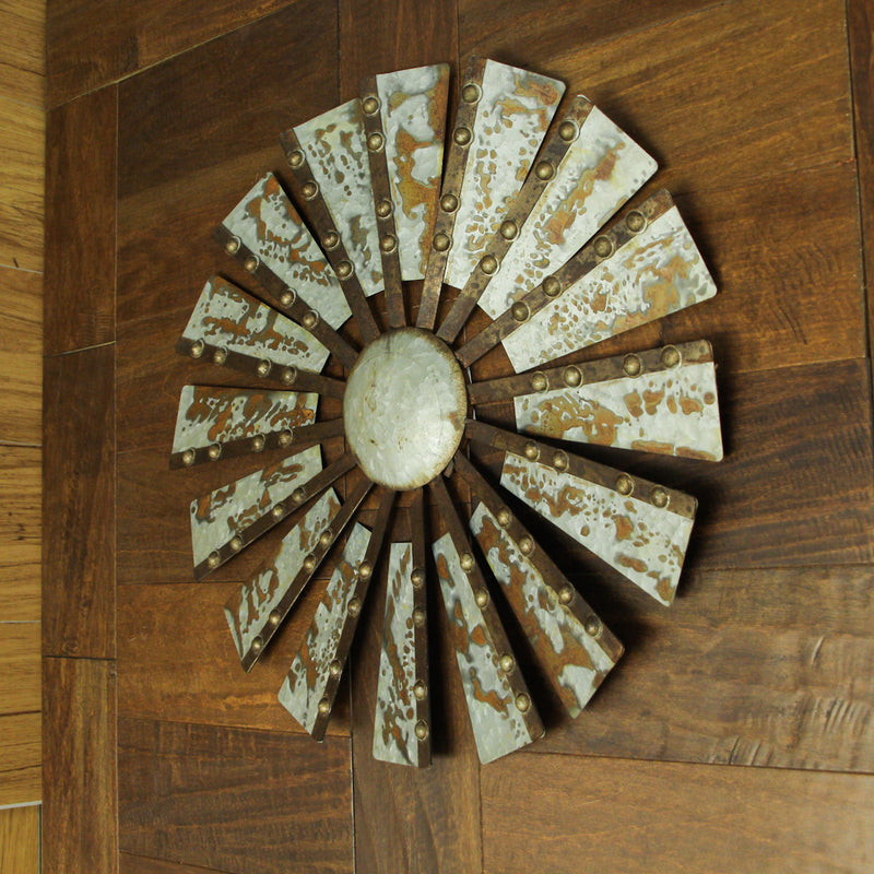 Galvanized Grey Metal Windmill Wall Sculpture - Timeless Country Farmhouse Charm - 21-Inch Diameter, Adds Nostalgic Elegance