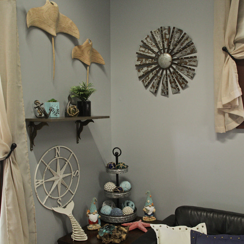 Galvanized Grey Metal Windmill Wall Sculpture - Timeless Country Farmhouse Charm - 21-Inch Diameter, Adds Nostalgic Elegance