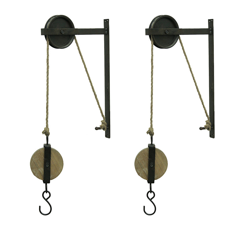 2 - Image 1 - Set of 2 Plant Hanger Wall Hooks, 30.5 Inch Distressed Metal Wood Pulleys
