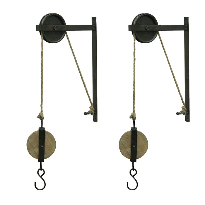 Pair of Rustic Vintage Style Metal and Wood Pulleys and Hooks Wall Hanging