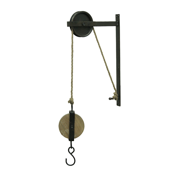 1 - Image 1 - Rustic Vintage Charm - Matte Brown Metal and Wood Pulley & Hook Wall-Mounted Plant Hanger - 30 Inches High -
