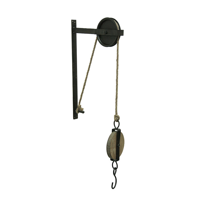 1 - Image 2 - Rustic Vintage Charm - Matte Brown Metal and Wood Pulley & Hook Wall-Mounted Plant Hanger - 30 Inches High -