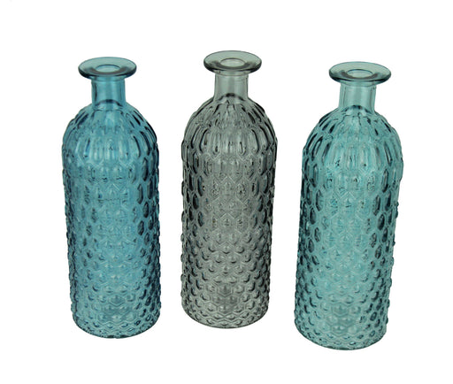 Blue Green and Grey Decorative Textured Glass Bottles Set of 3 Nautical Décor Image 1