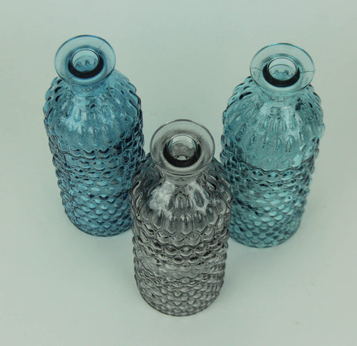 Blue Green and Grey Decorative Textured Glass Bottles Set of 3 Nautical Décor Image 2