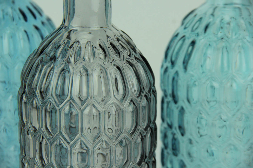 Blue Green and Grey Decorative Textured Glass Bottles Set of 3 Nautical Décor Image 3