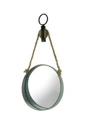 Rustic Galvanized Metal Round Wall Mirror with Rope and Pulley Hanging Accent Decor - Country Farmhouse Style Circular Mirror